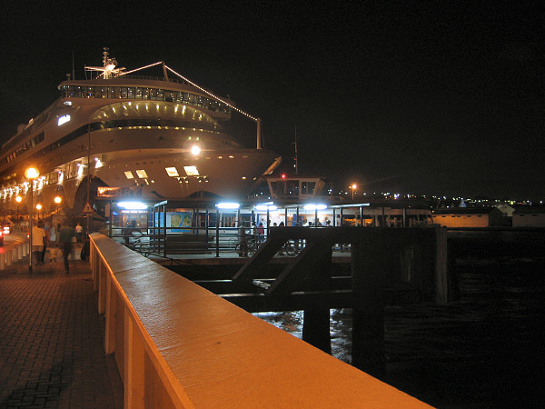Cruise ship and ferry in the harbor.