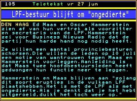 LPF-bestuur blijft om 'ongedierte' Teletext picture, with title: LPF-bestuur blijft om 'ongedierte'