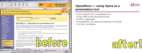 Two screenshots of the same HTML. One rendered in normal browser mode, one in presentation mode.